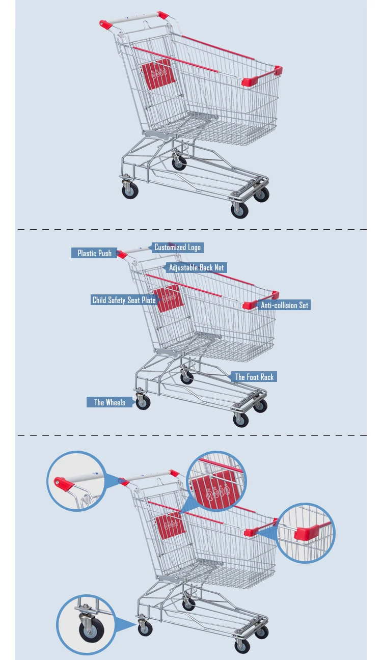 Supermarket Shopping Trolley High Quality 4-Wheel Asian Style Metal Cart for Sale