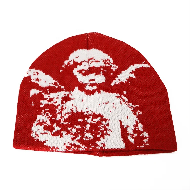 All Over Print Winter Knitted Angle Jacquard Beanie Hats Durable Sports Cap Custom Logo Embroidery Cuffless Toque Unisex