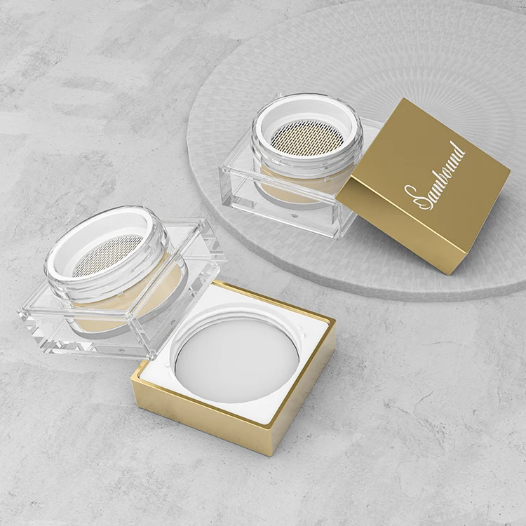 Custom Square Plastic Loose Powder Compact With Puff Jar 12.6ml Loose Compact Powder Case