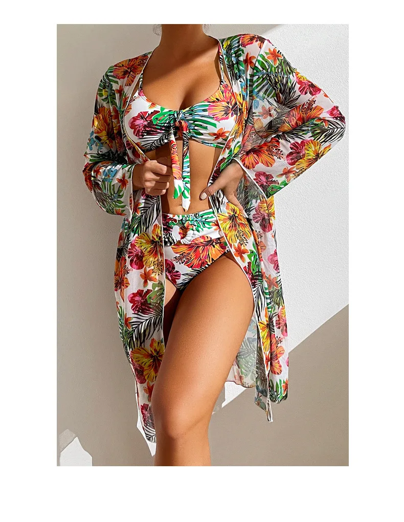 JSN9202103 2024  factory classical  floral print box bottom  bikini with long sleeves chiffon sarong for lady