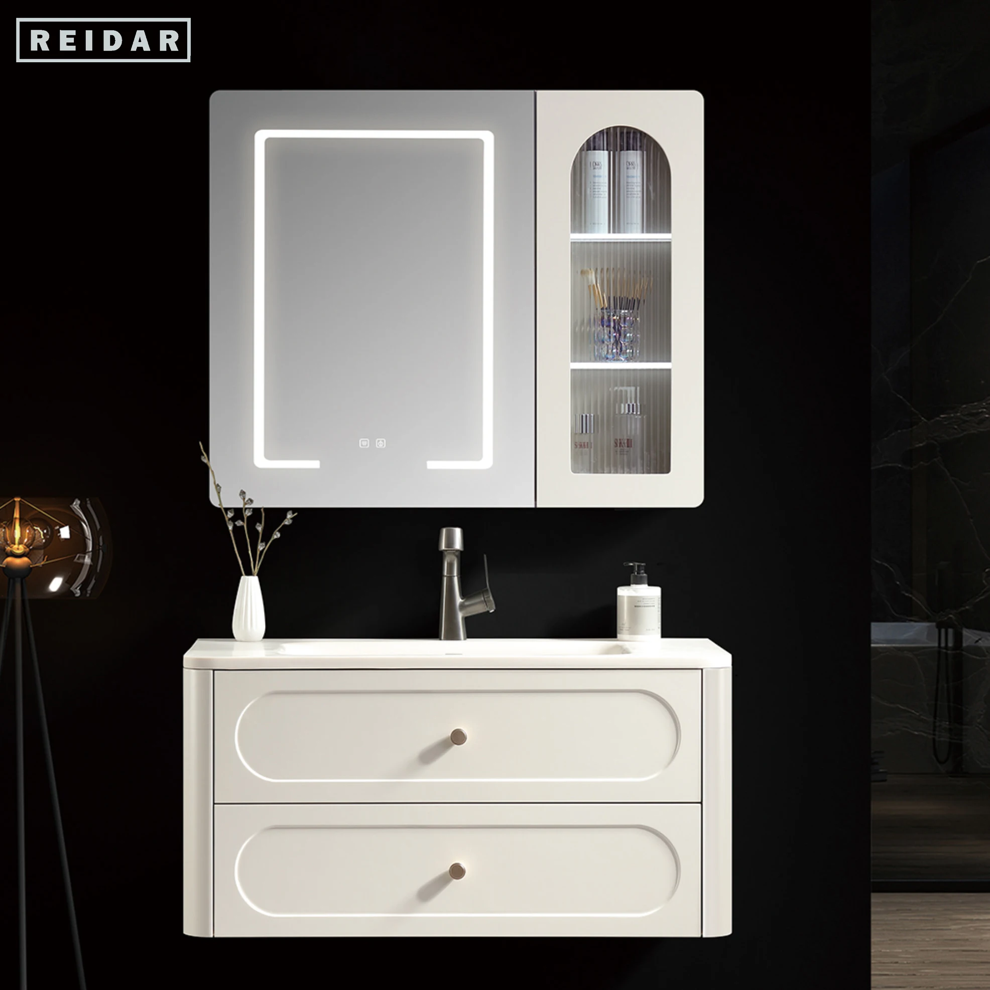 Light Luxury Single Basin Bath Cabinet Single Sink PVC Storage Bathroom Vanities With Countertop Hand Wash Basin With LED Mirror