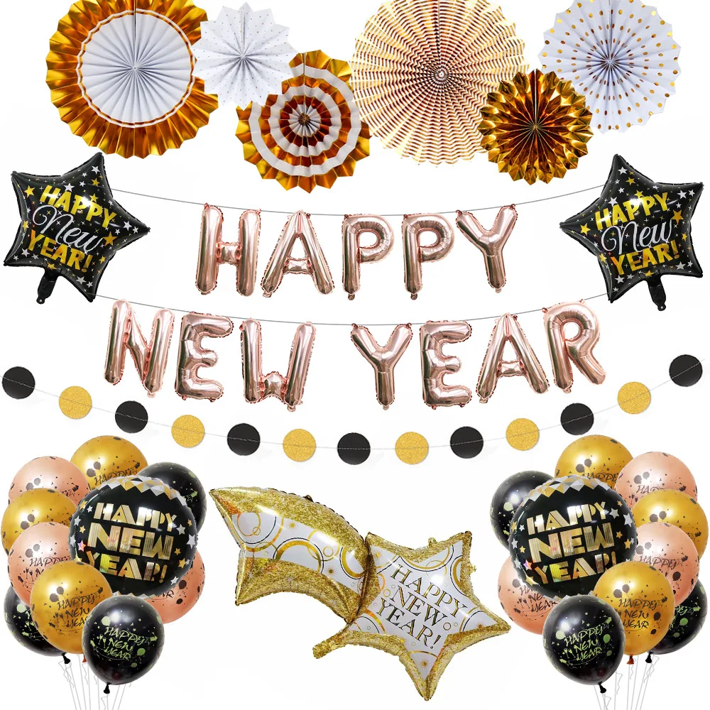 Black Gold Happy New Year Decorations New Year Paper Pom Pom Paper Fans Party Decorations Black Gold Happy New Year Decorations