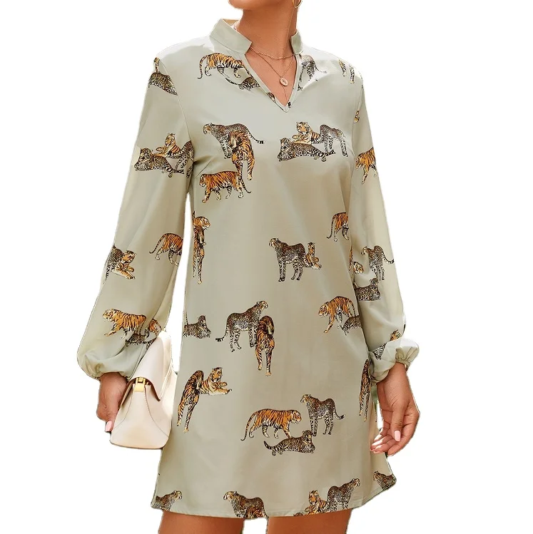 Женское летнее платье с принтом тигра и леопарда вырезом лодочкой рукавом «Бишоп»