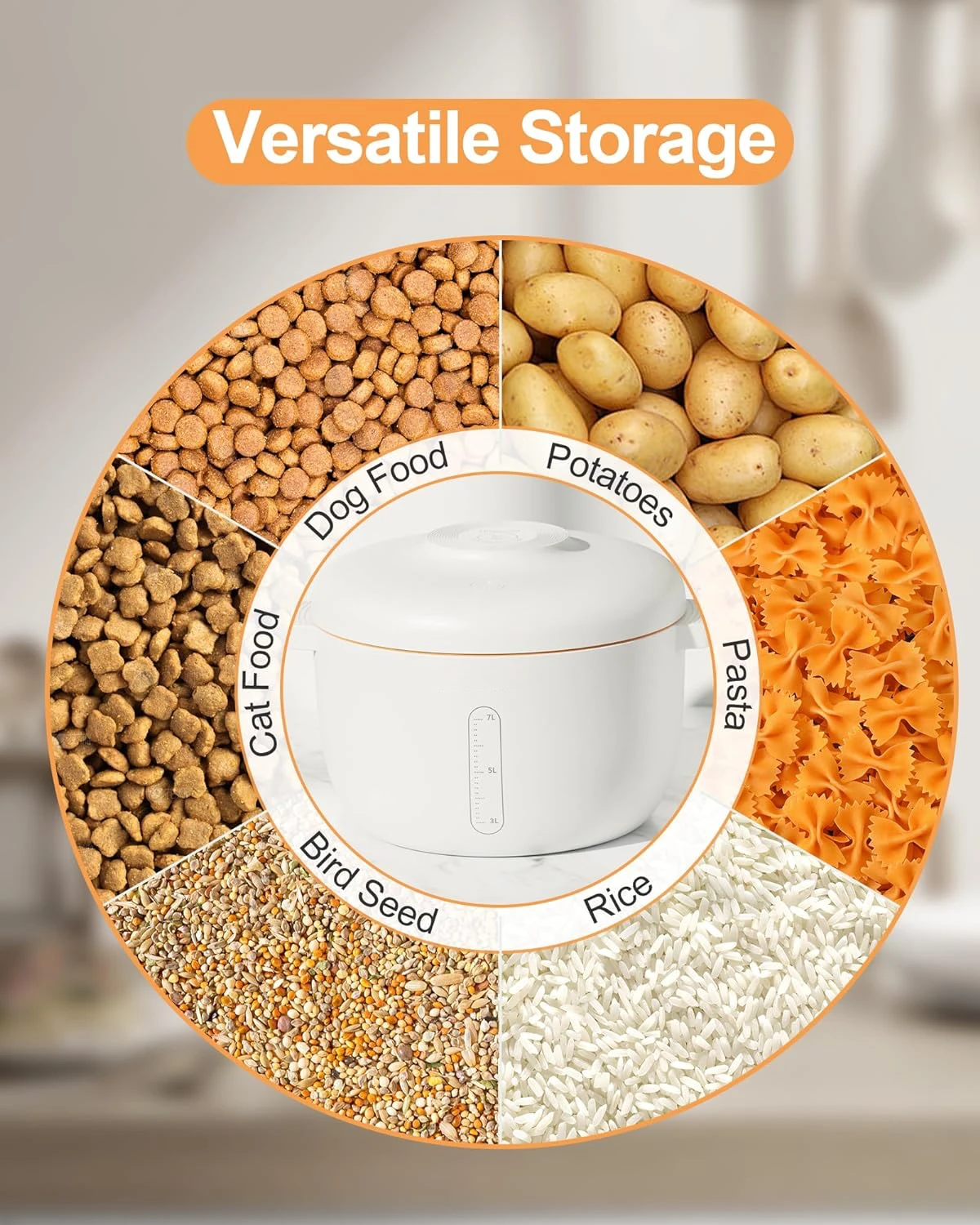 Portable 7L White Dry Food Storage with Automatic Real-time Vacuum Status Healthy Nutritional Grains Viewable Window for Pets