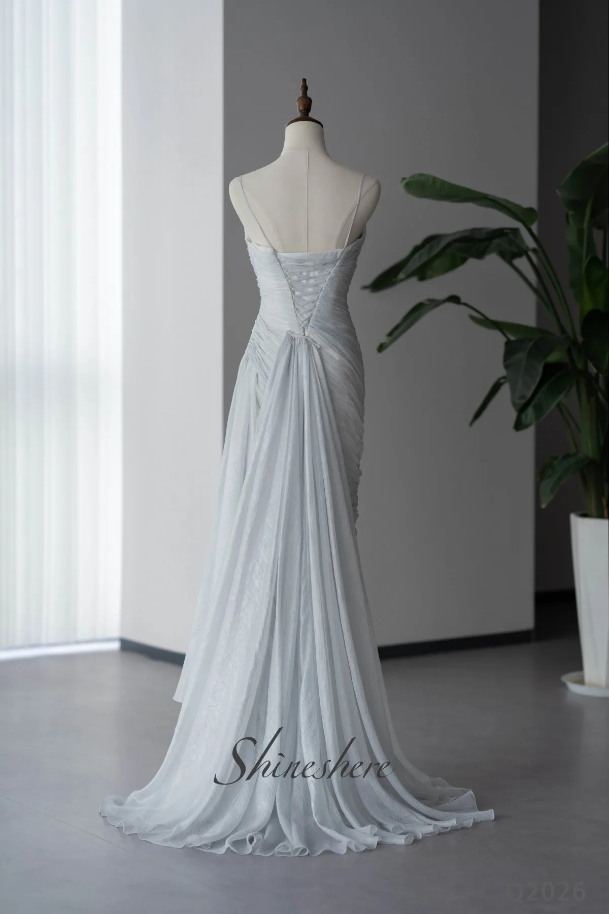 Wedding Dress Evening Dress Prom Party Dinner Reception Silver Grey Draped Chiffon Pleating Ruching Greek Godness Elegant Boho