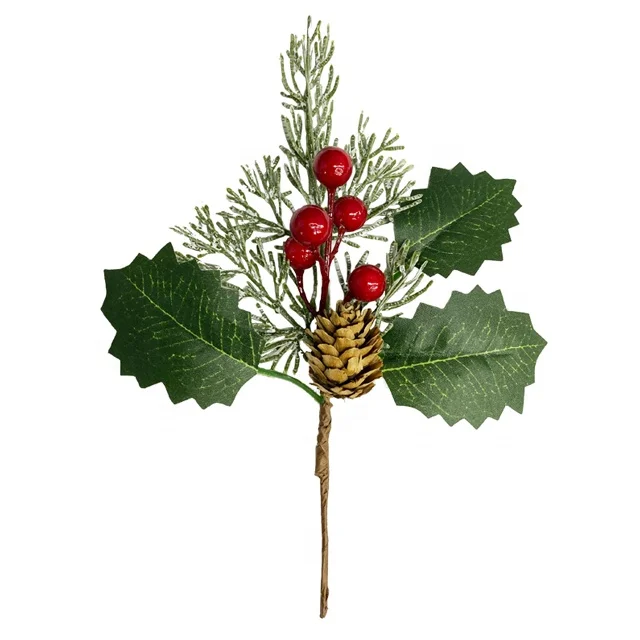 artificial pine needle branch red berry stem artificial pine spray  pick christmas pine picks christmas flower picks