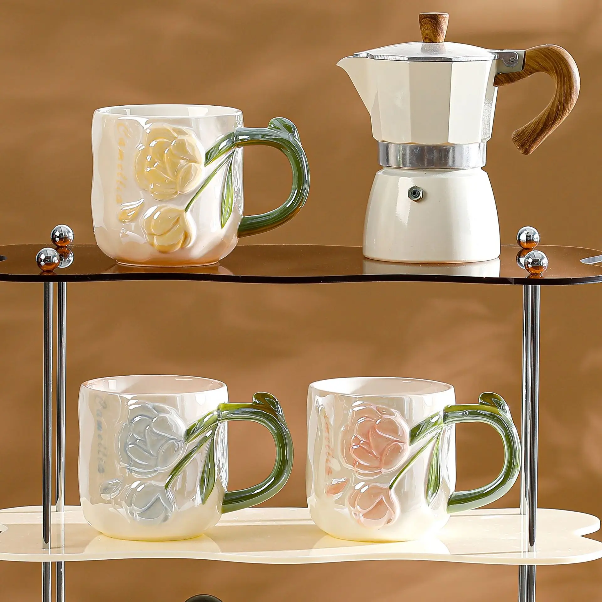 Wholesale New Fashion Pealrized 3D Tulip Ceramic Coffee Mugs Custom lower Ceramic Milk Cup water Mug with Lid