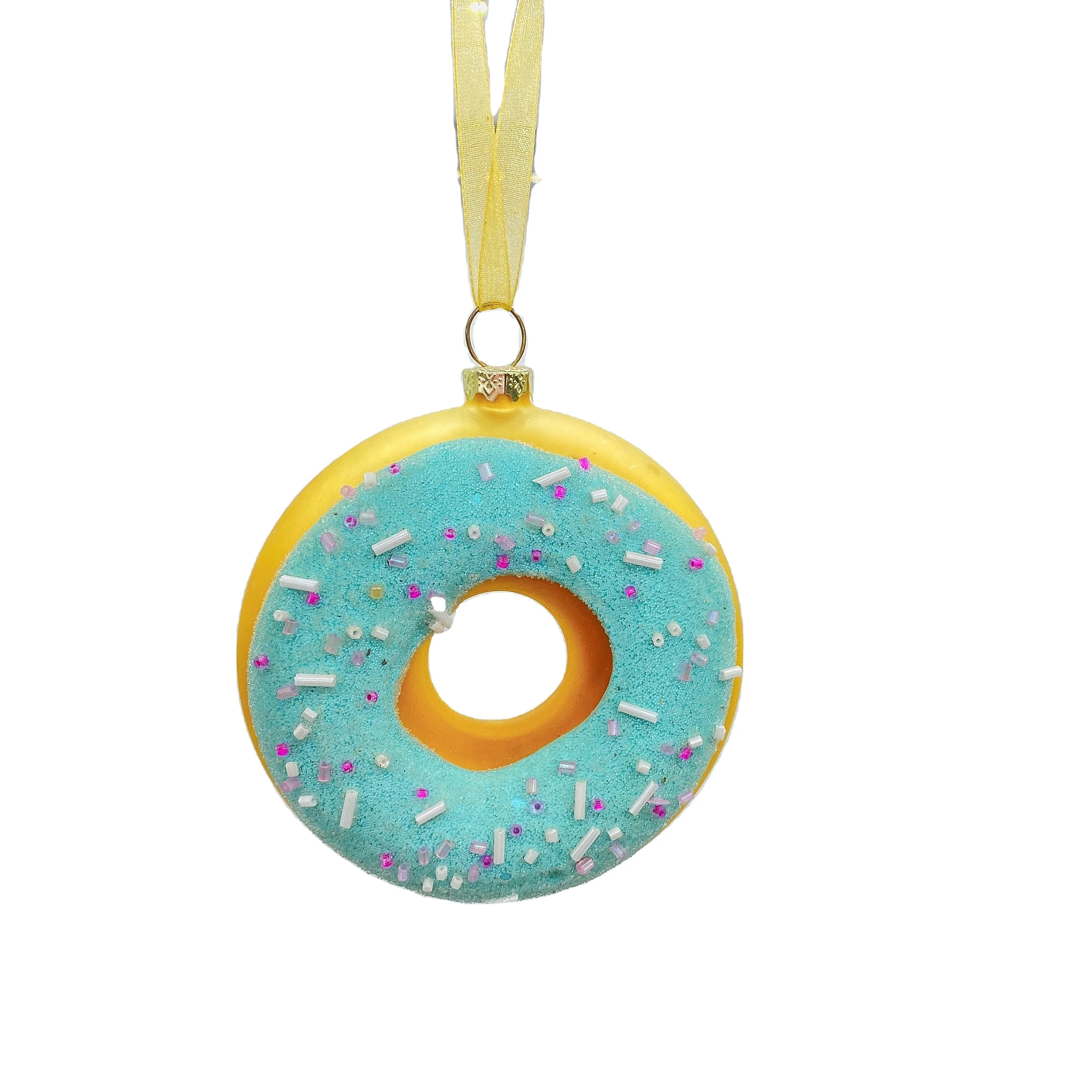 2022 Custom Food Delicate Cute Donut Dessert Shape Hanging Christmas Glass Ornament Donut Christmas Tree Ornament