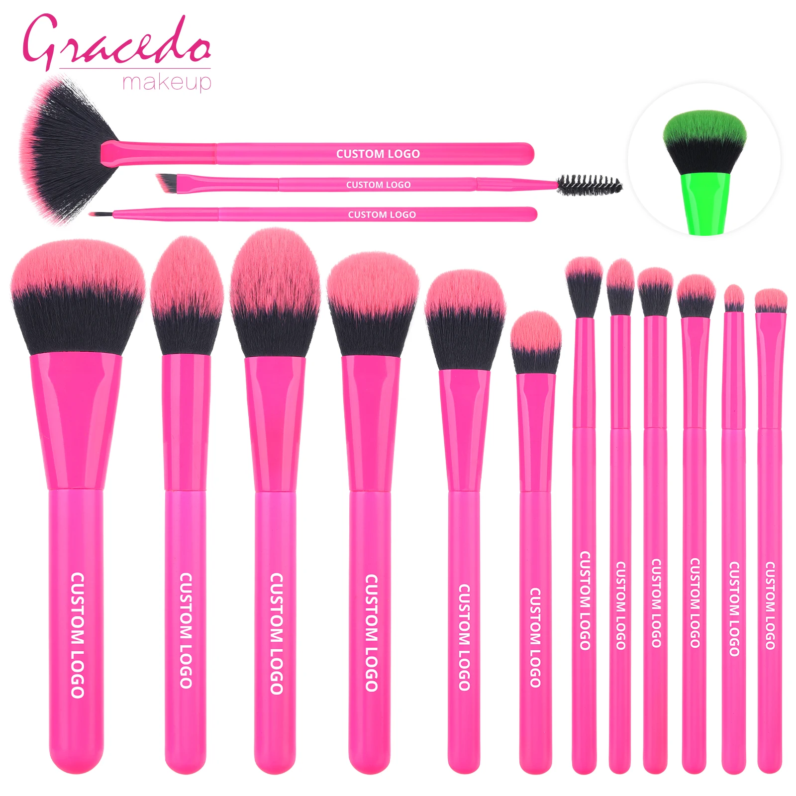 Gracedo Custom Your Own Brand Cosmetic Brush Set Synthetic Hair High Quality 15pcs Logo Green Vegan Makeup Brush Tool