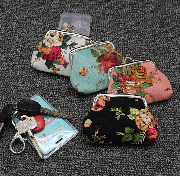 Wholesale custom printed rose mini coin purse canvas fabric buckle coin purse
