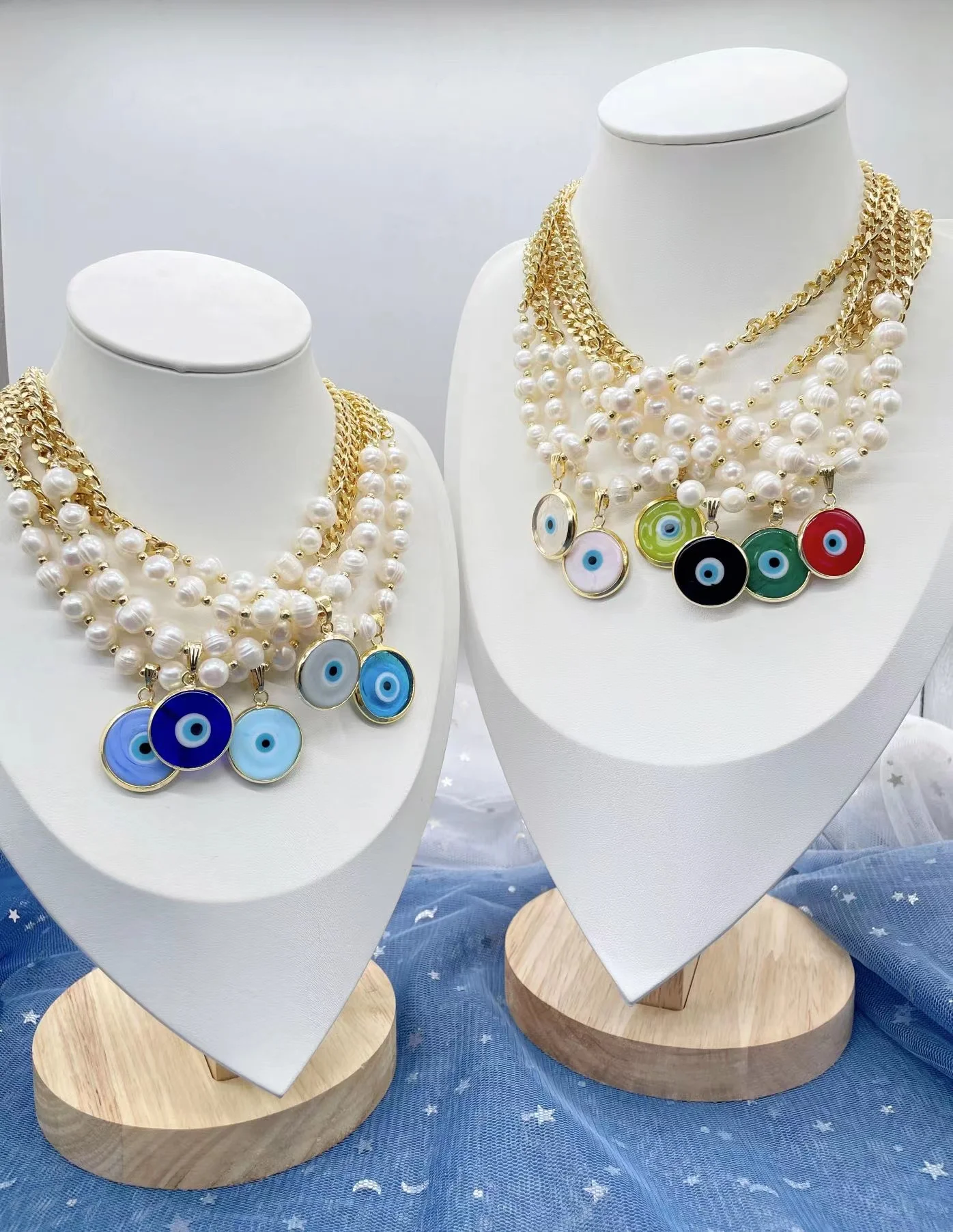 Bohemian Style Lucky Turkey Eye resin pendent necklace with fresh water pearl Cuban Link Chains adjustable jewelry for women men