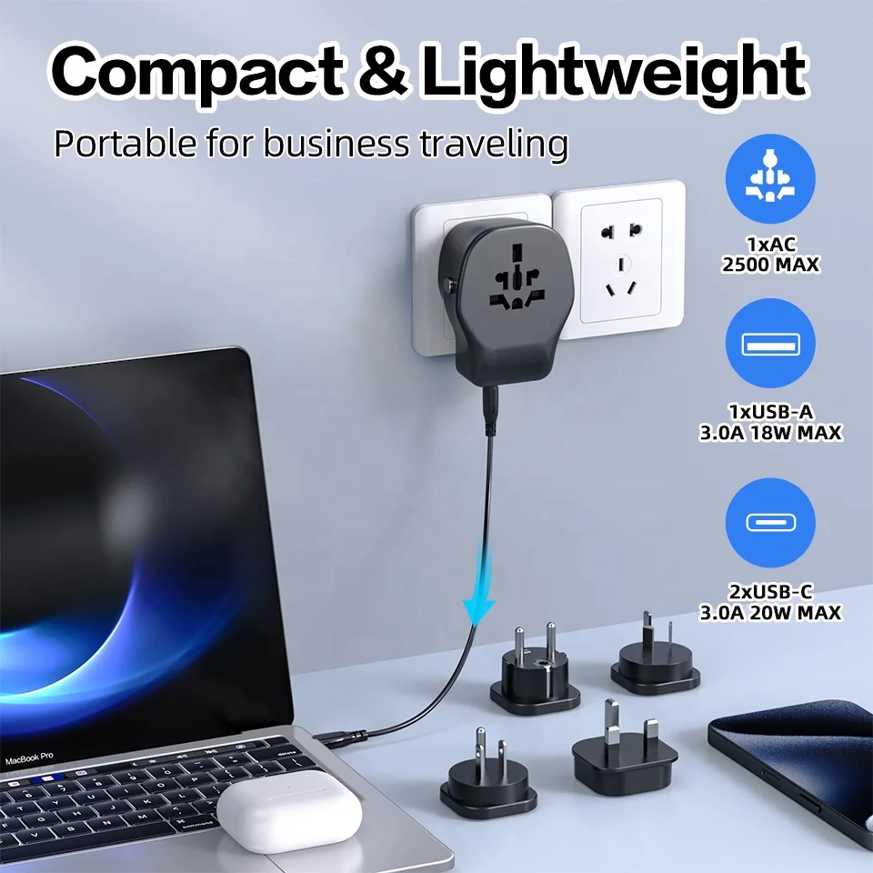 Worldplug Multi Plug Universal Wall Socket Electrical Power Plug All in One Interchangeable Travel Adapter Charger with USB