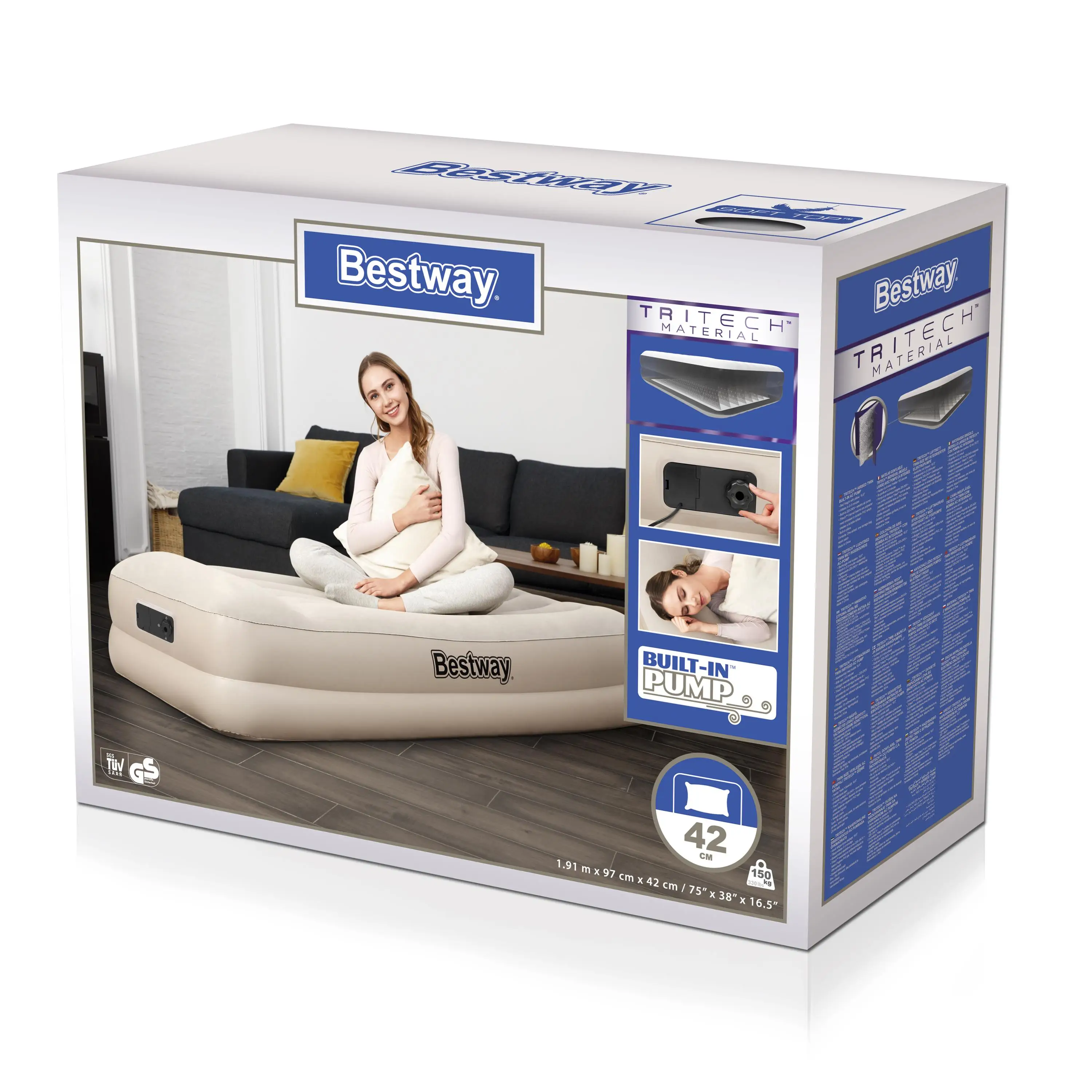 Bestway 67694 Tritech Air Mattress Twin with Built-in AC Pump Built-in Pillow 75 in. x 38 in. x 16.5 in.