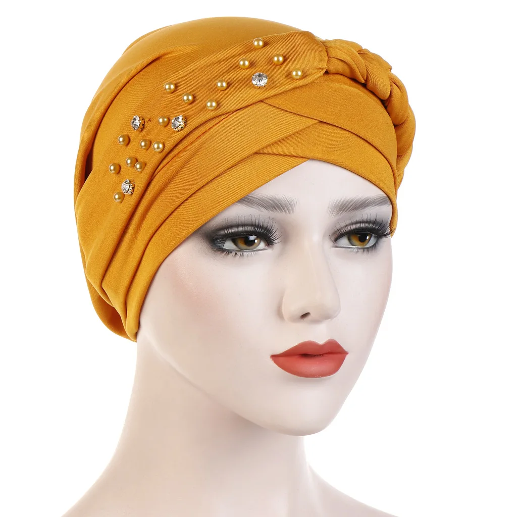 
Yuwen Wholesale New Arrival Rhinestone Muslim Turban Hat Elastic Braided Bonnet Hat For Women 