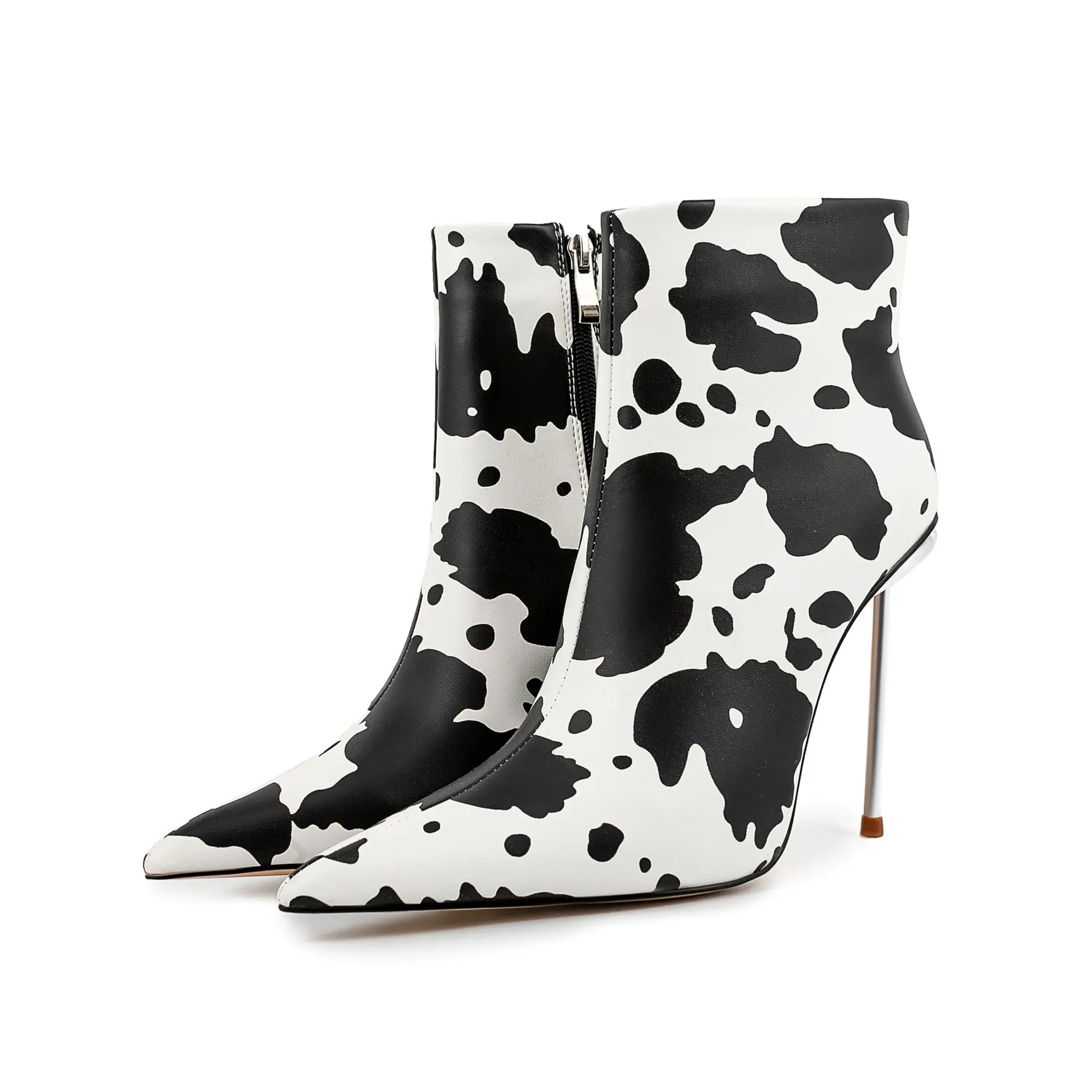 Xinzirain Logo Custom Ladies High Heel Boots Big Size 47 Point Toe Cow Print Leather Women Stiletto Ankle Boots