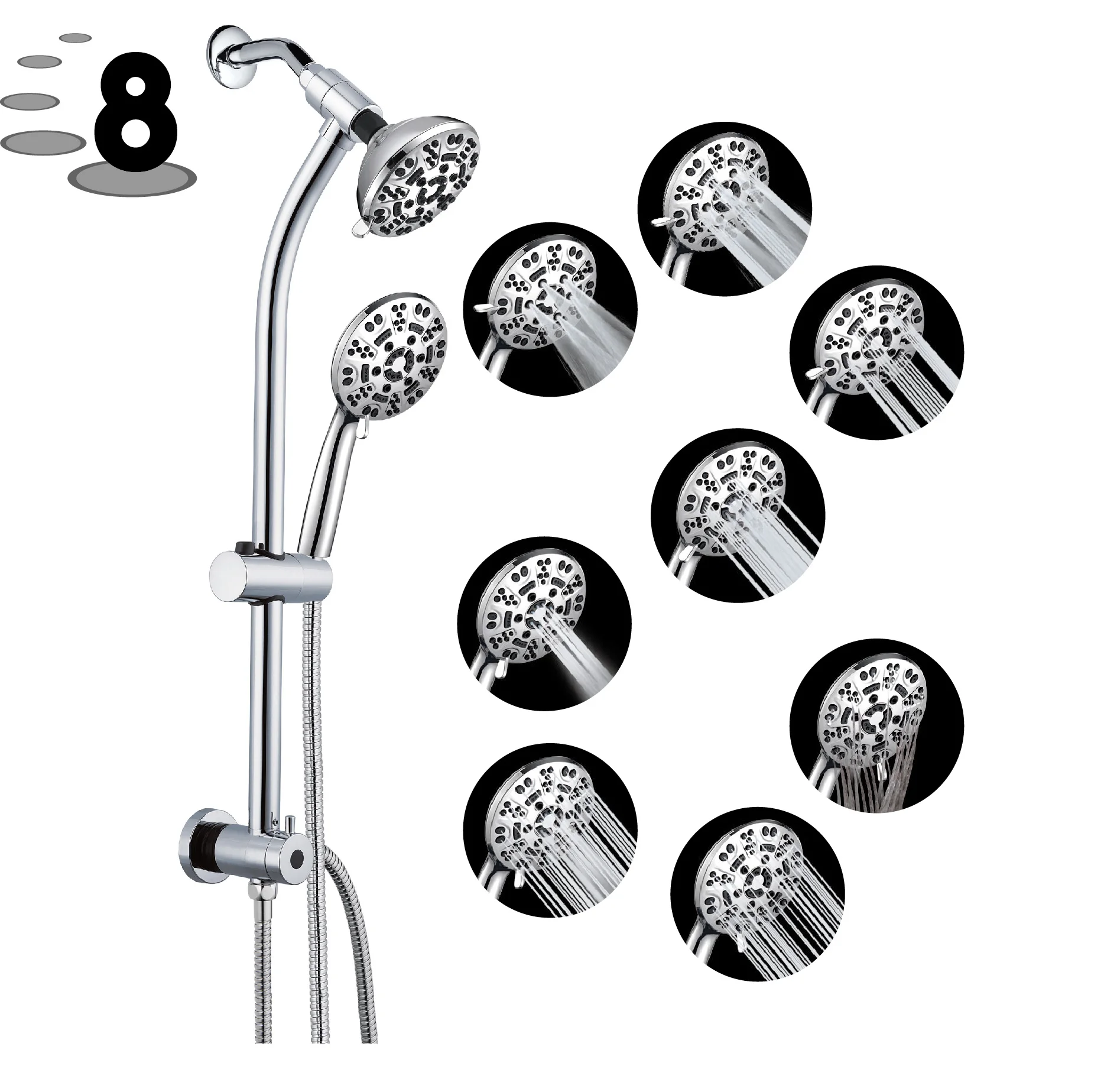 Hot Sale Portable Hot and Cold 8 Setting Showerhead Wall Mounted Bathroom Luxury Sanitary Ware Shower Set