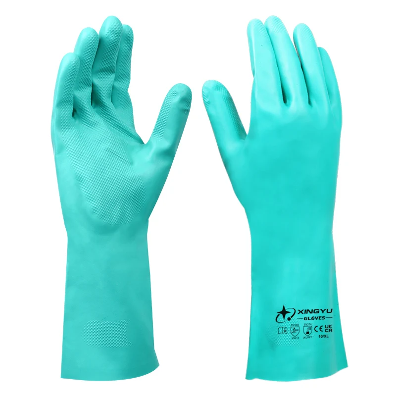 Reusable Super Flocklined Cleaning Green Mechanical Work Safety Hand Nitrile Chemical Resistant Garden Work Nitrile Gloves