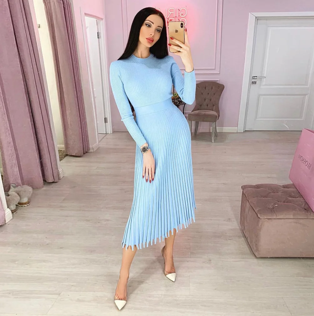 2023 New Arrival knitwear winter thick warm long sweater skirt women knit split sweater dresses ribbed sweater dresses for women