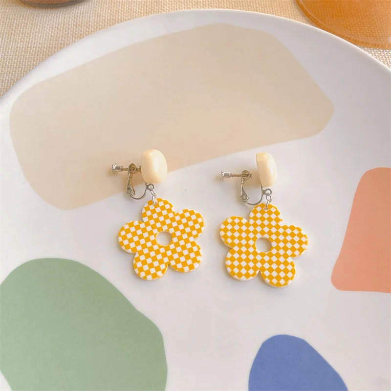 JUHU Blue flower transparent acrylic earrings simple sweet and lovely yellow plaid silver pin earrings all-match jewelry women