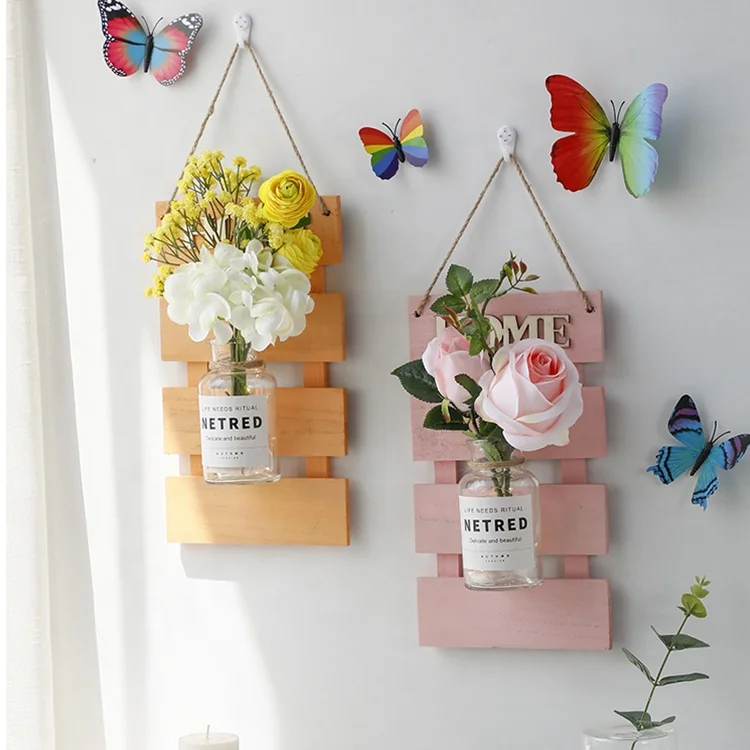 rustic style home decoration wooden wall shelf with mason jar and flower