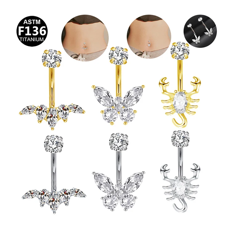 Gaby Transparent Zircon Titanium Butterfly Navel Ring G23 Titanium Nail with Gold Plating  Jewelry