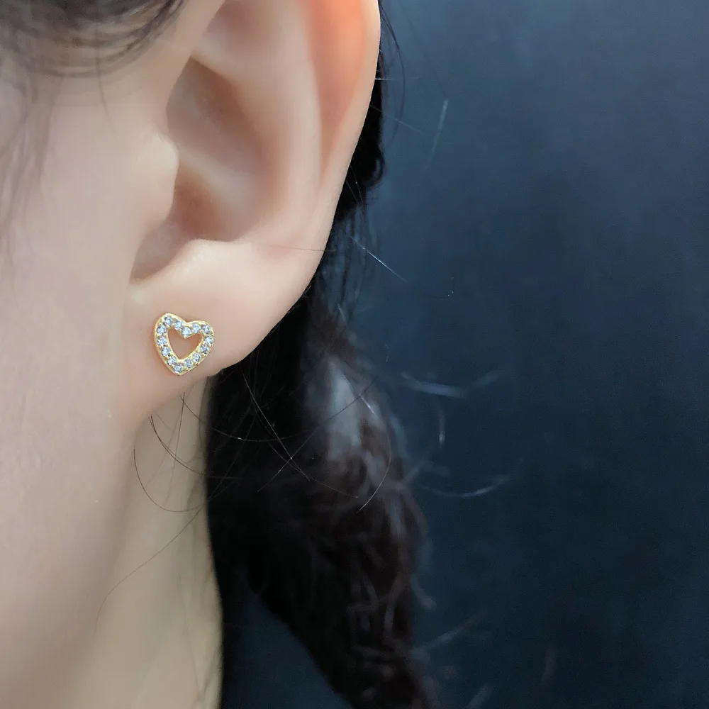 Cute Heart Love Stud Screw Earrings Gold Pated 925 Sterling Silver Hollow Out Zircon Heart Stud Earrings