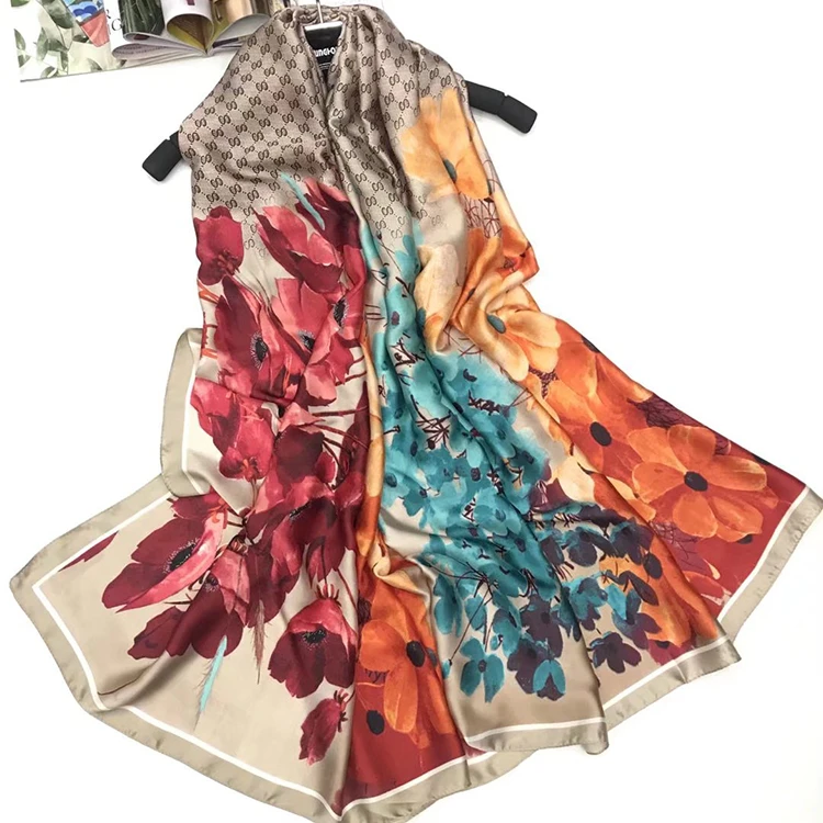 Flower color Satin Silk Smooth Long Square Neck Scarf Ladies Scarves 90*195cm Wholesale