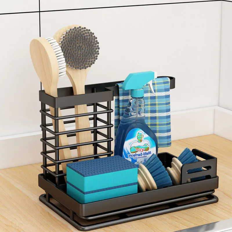 Kitchen 2 Tier Rag Dish Cloth Rack with Tray Over Sink Organizer Soap Sponge Brush Storage Holder Drain Metal Wire Basket Shelf