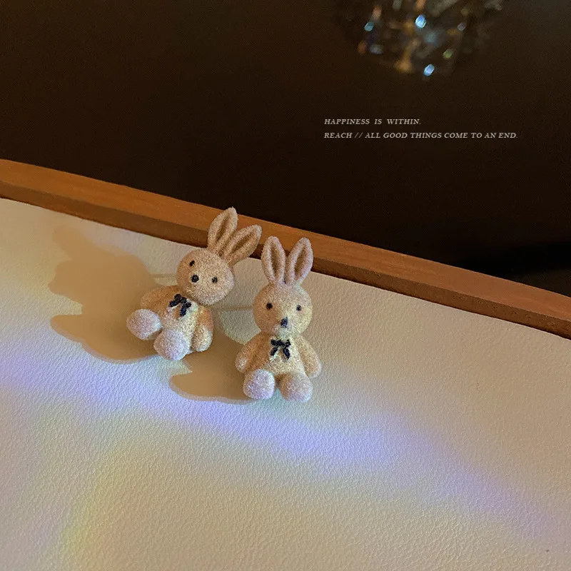 Winter Anime Bunny Stud Earrings Piercing for Woman All Match Cute Plush Rabbit Earrings Cartoon Popular Flocking Party Jewelry