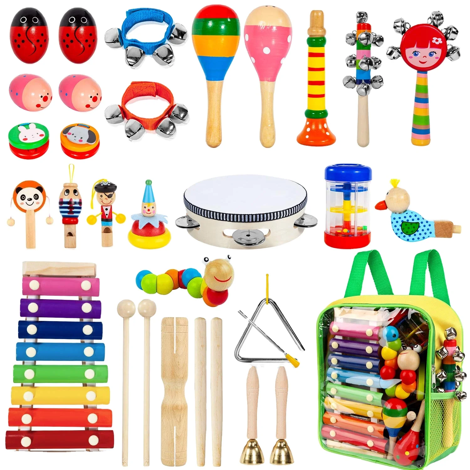 Kids Musical Instruments, 33 PCS 20 Types Wooden Instruments Tambourine Xylophone Toys for Kids Children, Preschool Educational