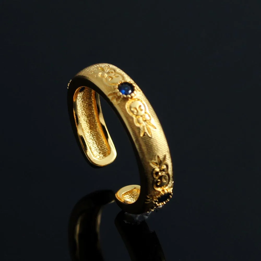 Palace Medieval Carved Brushed Inlaid Small Round Diamond Adjustable Women Ring