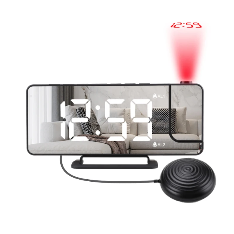 New arrival black led flashing light snooze vibrating alarm clock with projection function for the deaf