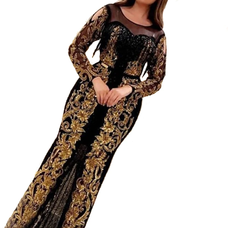 
2021 Spring Long Sleeved Sequined Party Evening Lace Flower Dress 