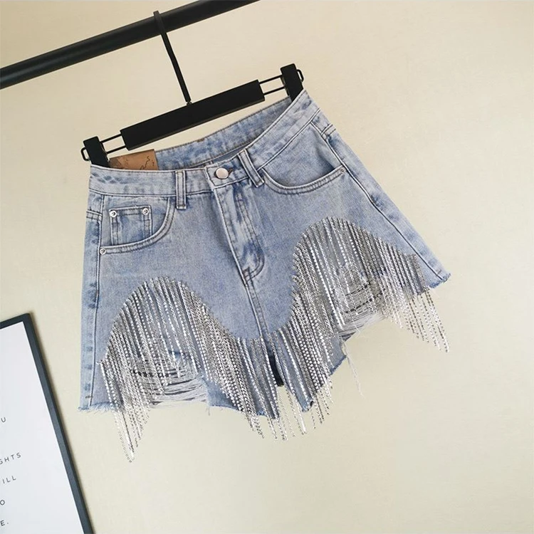 
Custom 2021 summer Trendy Zipper Pocket Tassel Sexy Tight Womens Casual ripped jean denim shorts 