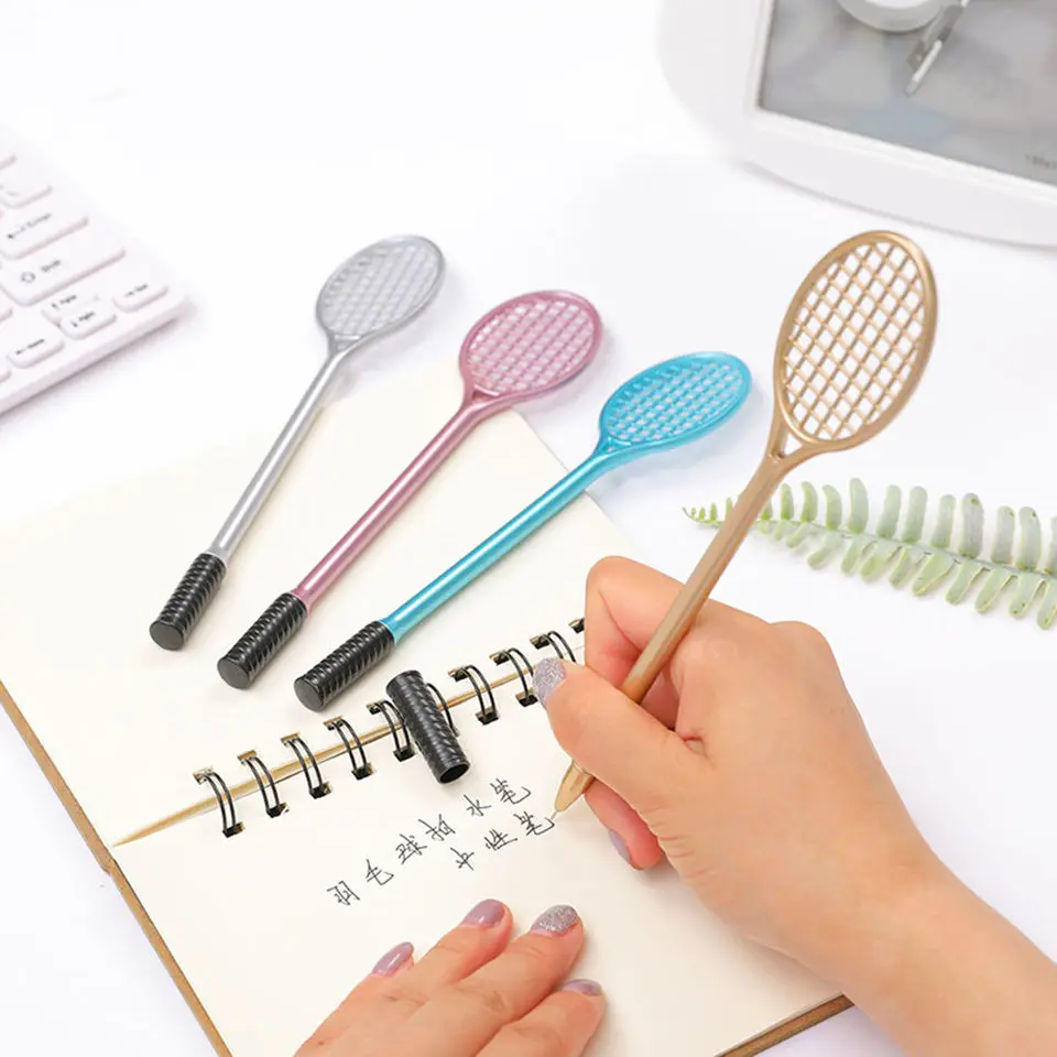Cute Tennis Racket Shape Writing or Decoration Gel Ink Pen for Home Office School Student Black  0.38 mm Tip 4 Colors Casing