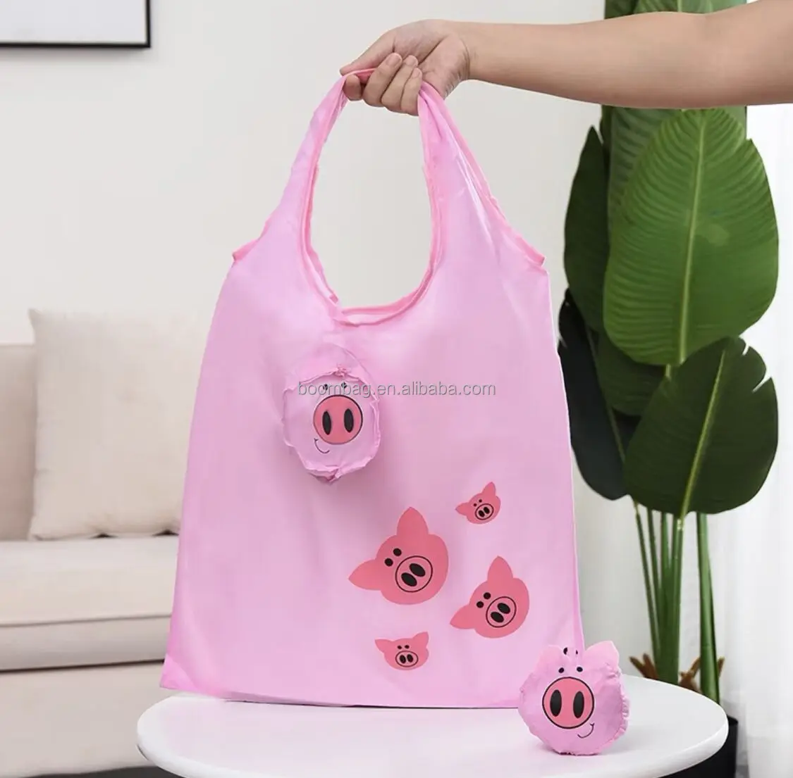 Polyester Reusable Shopping Bags Grocery Tote Bags Foldable into Attached Pig Pouch Washable Portable Reusable Gift Bag