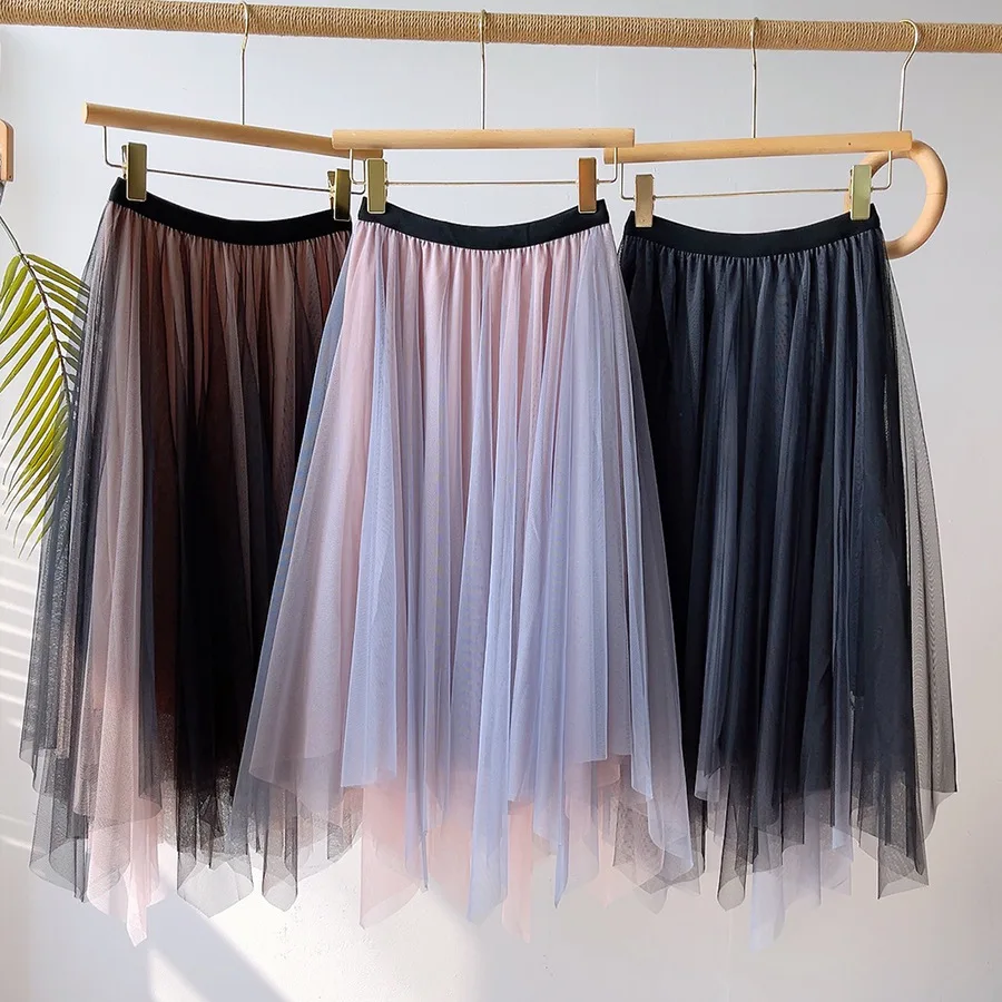 Factory OEM ODM Girl Skirt Women Summer Spring Autumn Mesh Tulle Skirts Elastic High Waist A Line Long Skirts