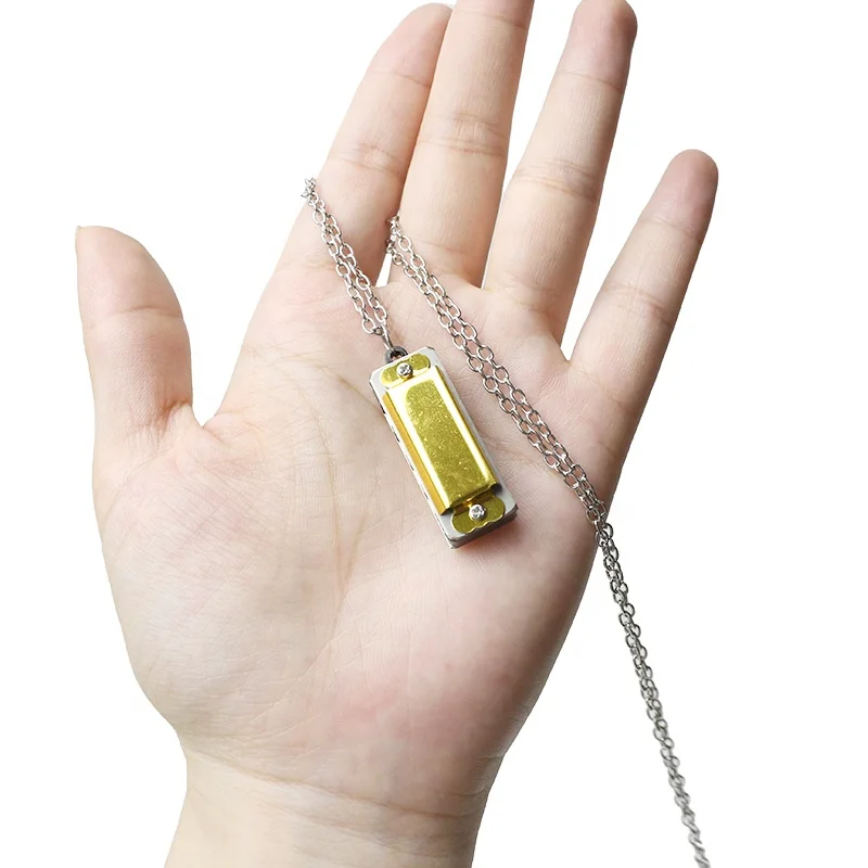 Necklace Style Metal Mini Harmonicas Music Harmonica Professional 4 Hole 8 Tone Harmonica, Metal Chain Necklace Style, Silver,
