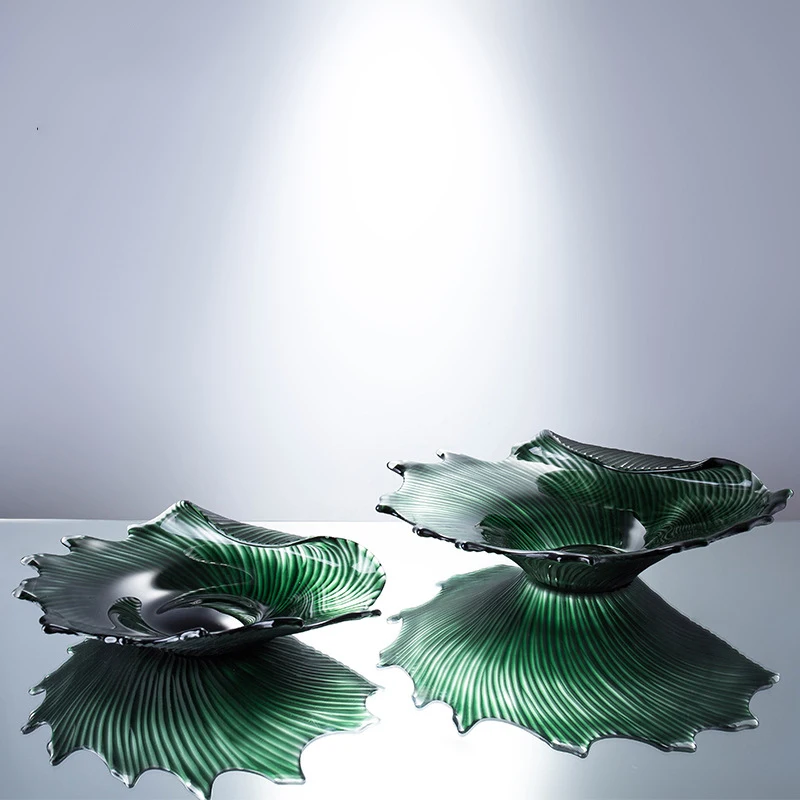 Nordic Luxury Home Accessories Hand Blown Compote Plate Fruit Tray Green Glass Fruit Bowl