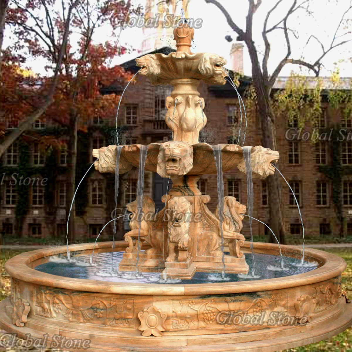 Fancy Custom Hand Carved White Marble Water Fountains with lion sculptures for Outdoor Garden