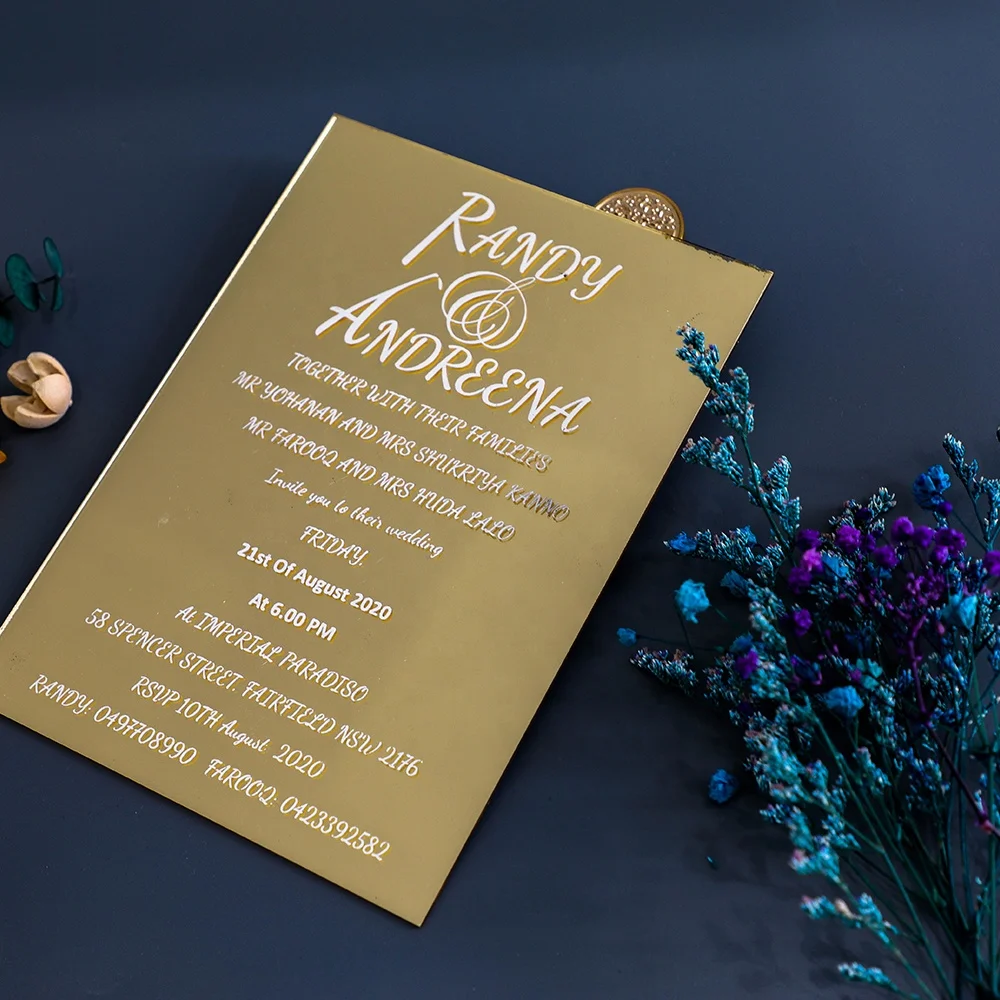 Manufacturer High Grade Clear Gold Mirror Yellow Marriage Wedding Invitation Card In Acrylic