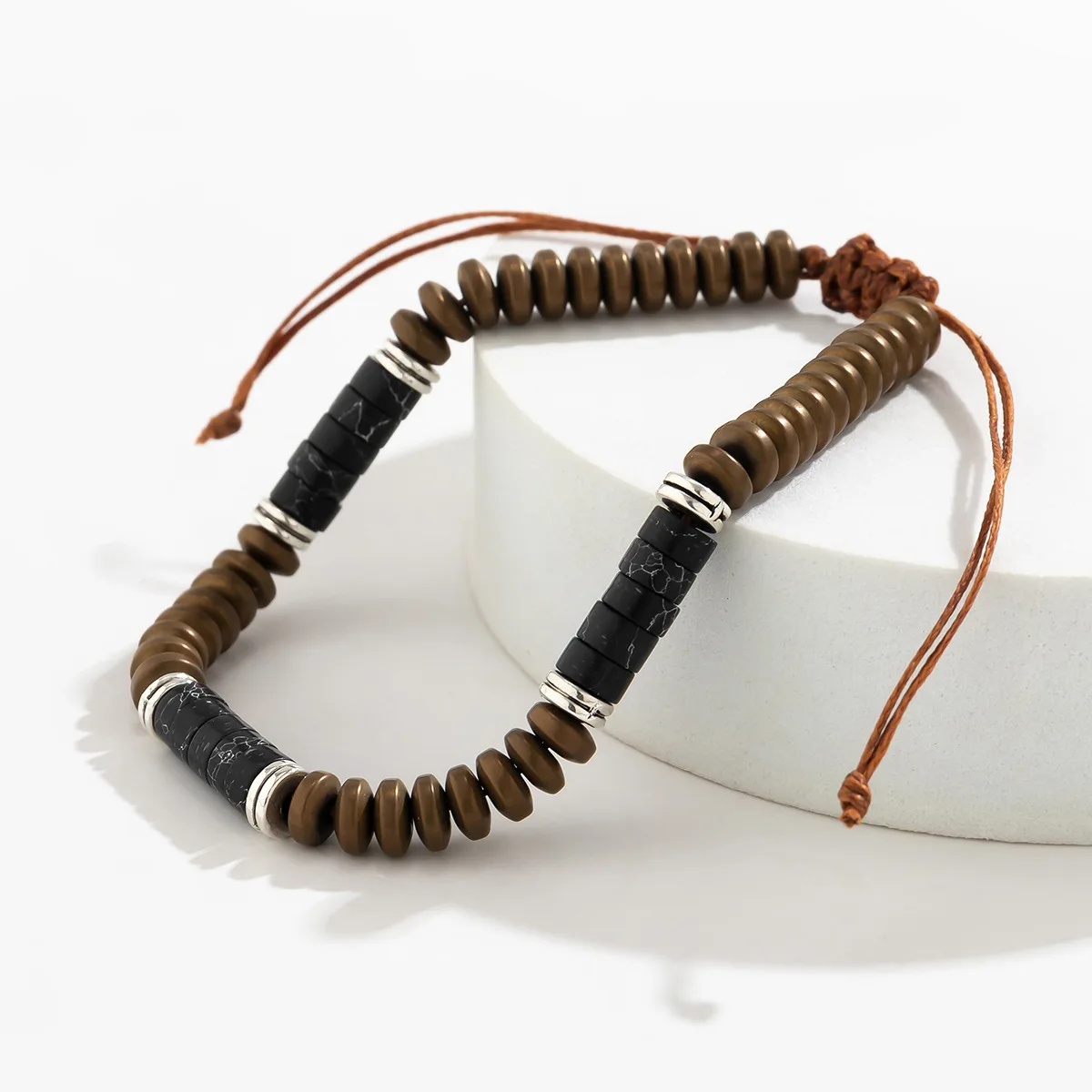 Fashion Statement Hip Hop Men Handmade Woven Adjustable Flat Round Spacer Beads Hematite Turquoise Stone Beaded Bracelet for Man