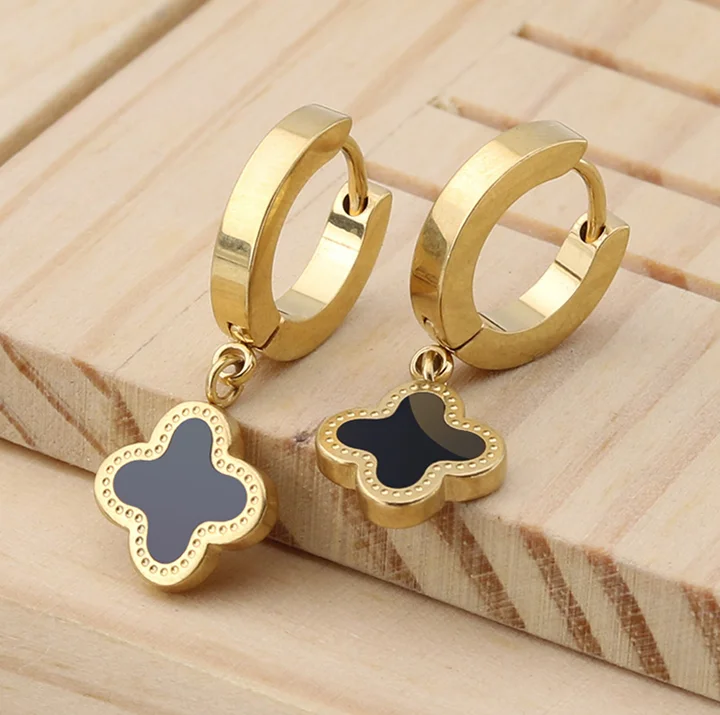 custom wholesale Korea women stylish nice laser cut silver titanium leaves flower clover apple emerald turquoise earring
