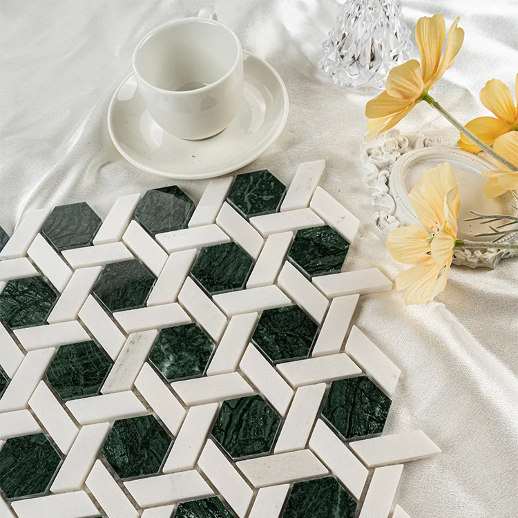 Hexagon Green and White Marble Tile Green Mosaic Tile Green Water Jet Marble Mosaic Tile
