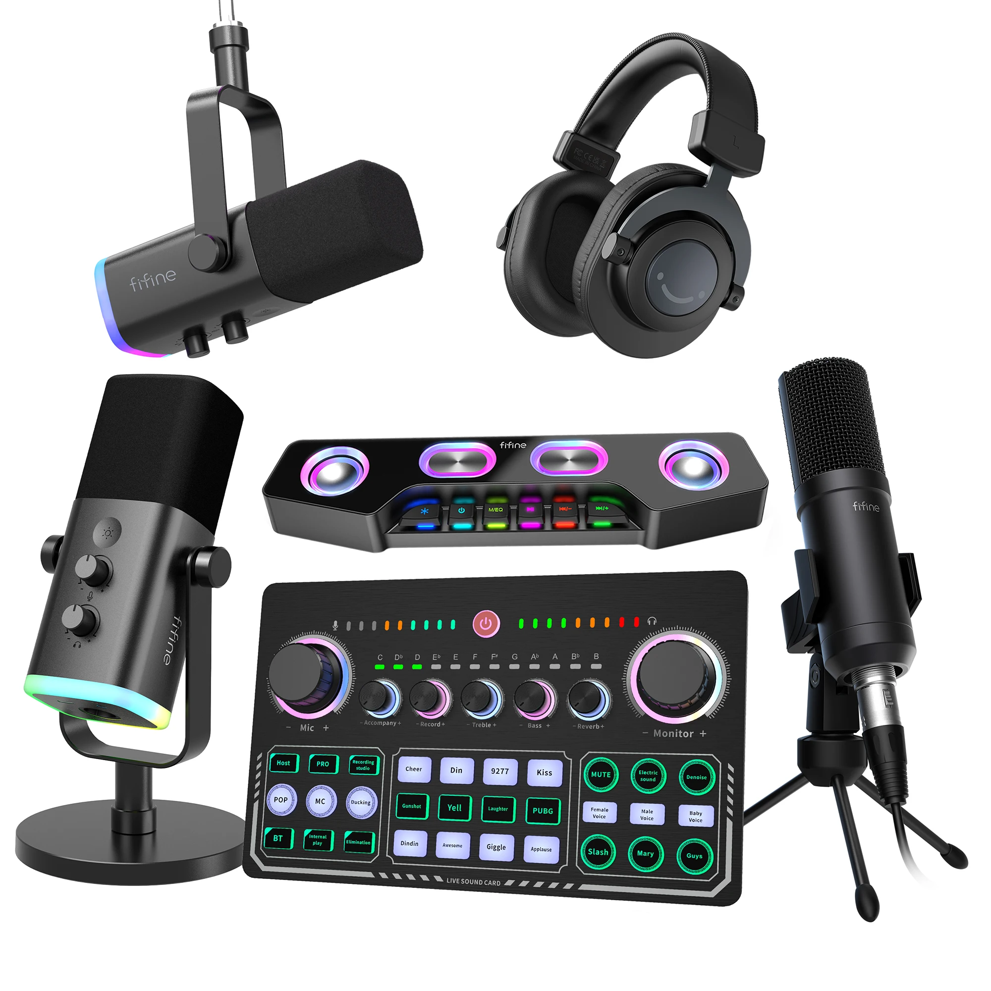 Fifine All in One Podcast Soundcards Podcast Live Streaming Equipment Audio Mixers With XLR Mic Condenser Microphone