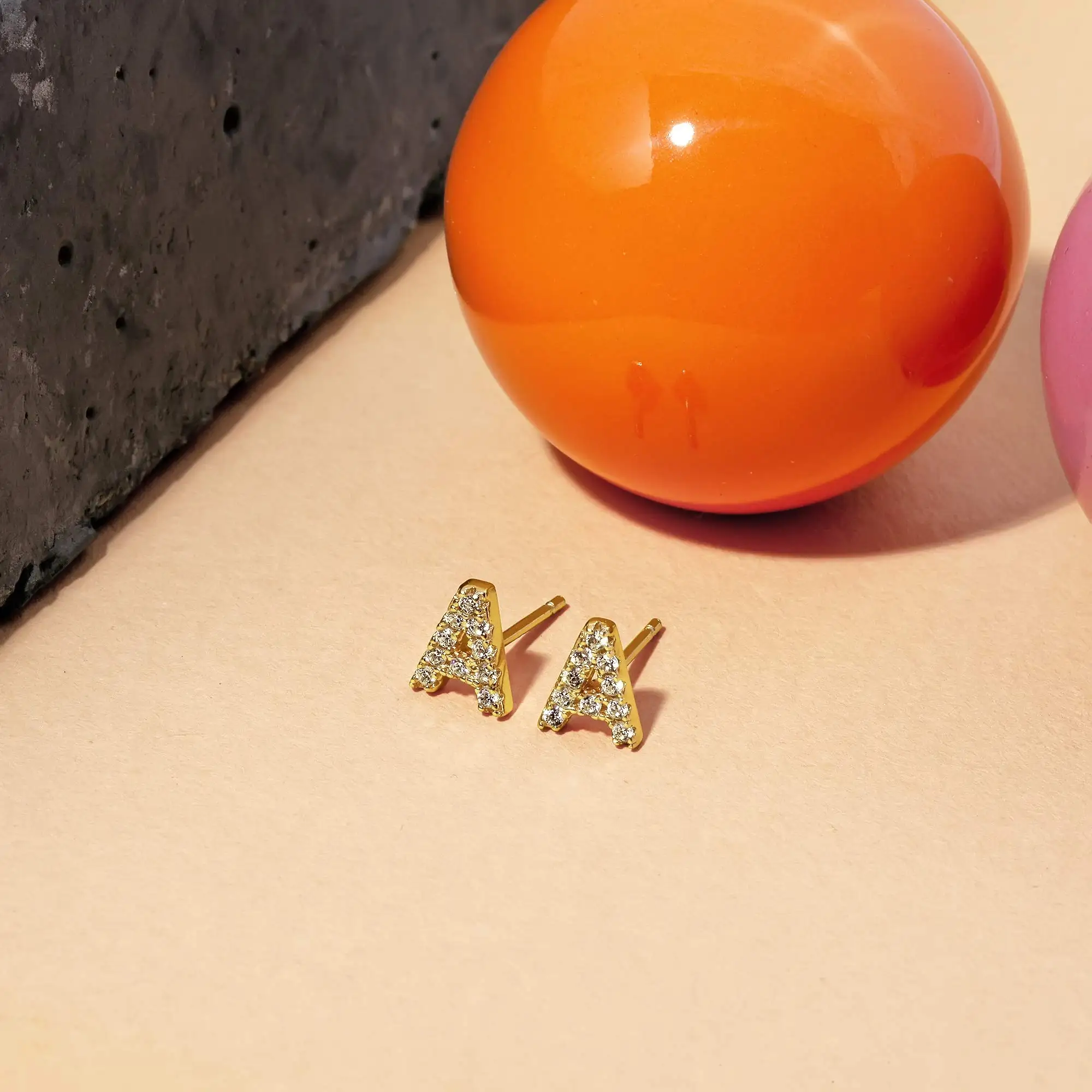 FirstMadam 18K Solid Gold Diamond Stud Earrings Fashion Alphabet Letter Initial Earrings