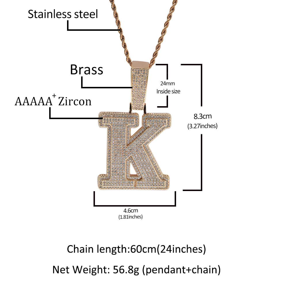 Large Iced Out Single Initial Letter A-Z Hip Hop Women Men Pendant necklace
