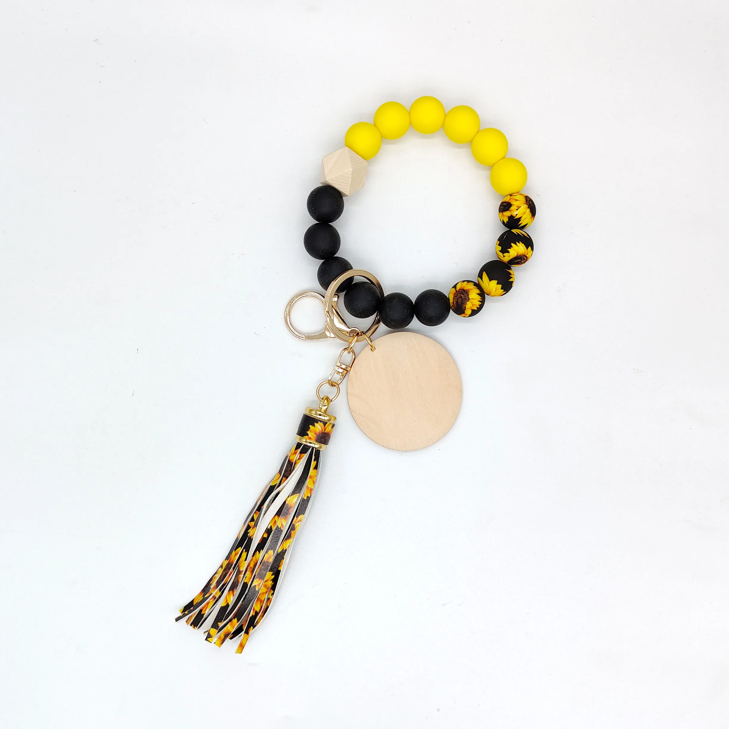 Womens Keyrings Monogram Wood Blank Disc Wristlet Key Ring Holder Silicone Bead Tassel Bracelet Bangle Keychain