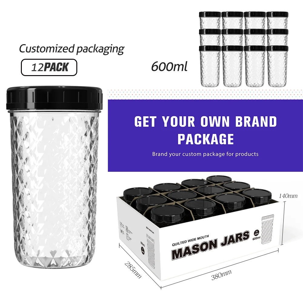 Wholesale 600ml 20 oz Glass Mason Jars With plastic Lids Canning Jars for Jam Honey Cookie Jelly Pickle Caviar chilli sauce