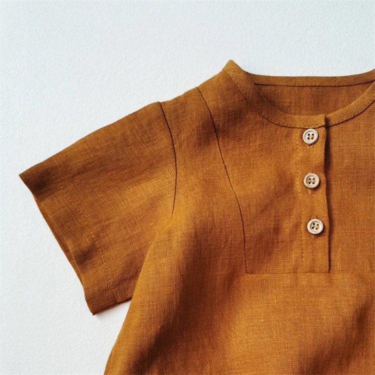 Summer blast linen comfortable breathable Kids Jumpsuit triangle bag butt button neck short sleeve  baby romper